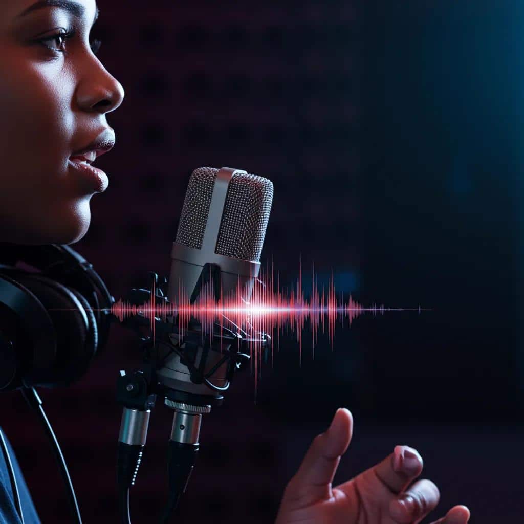 Diverse content creators collaborating on AI voice solutions in a modern workspace