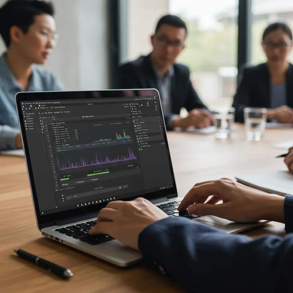 Close-up of a person actively using a laptop for live meeting transcription, emphasizing seamless collaboration and real-time note-taking