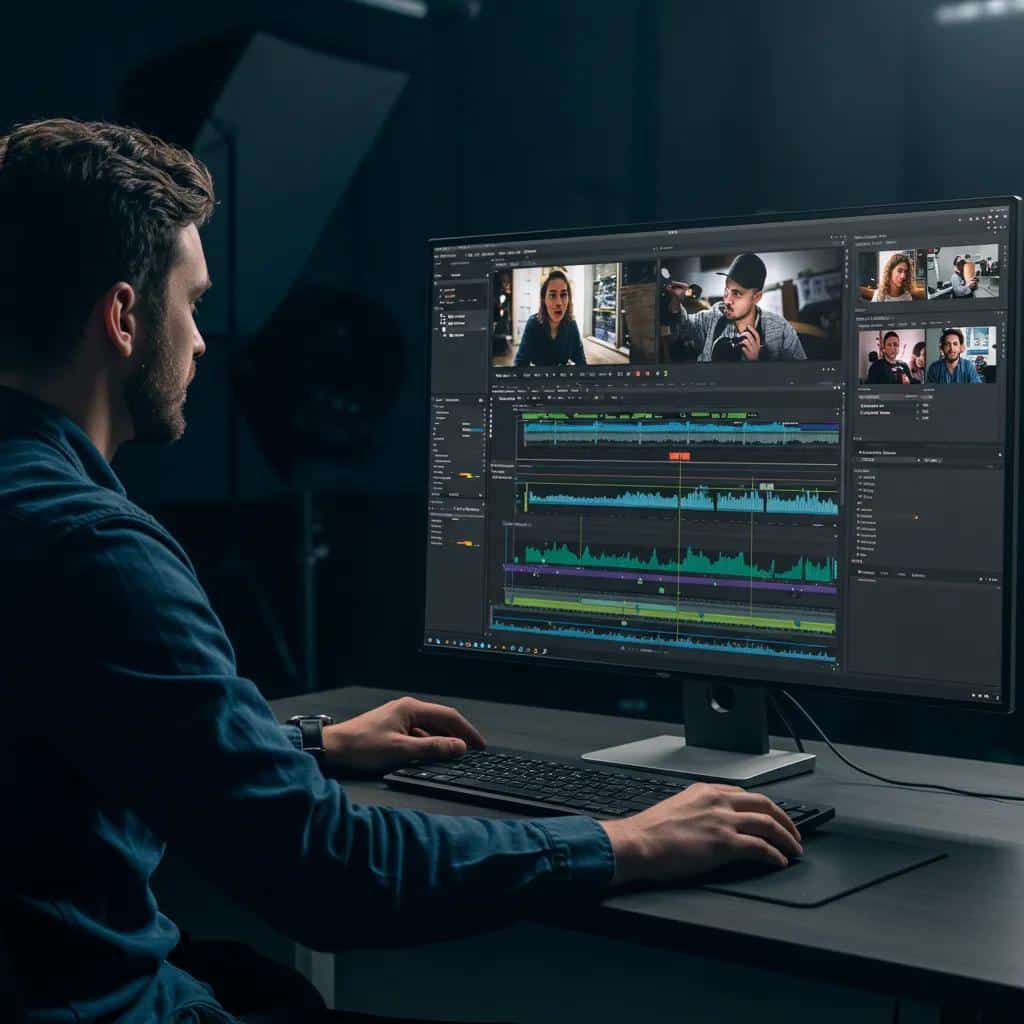 Professional video editor using advanced paid AI video editing software in a studio