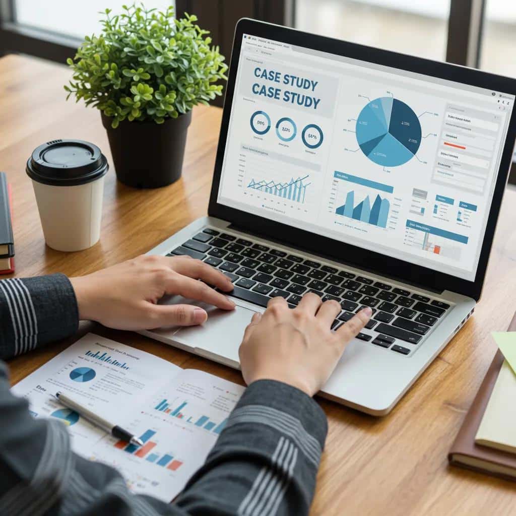 A professional setting with a person using a laptop to develop a detailed case study draft