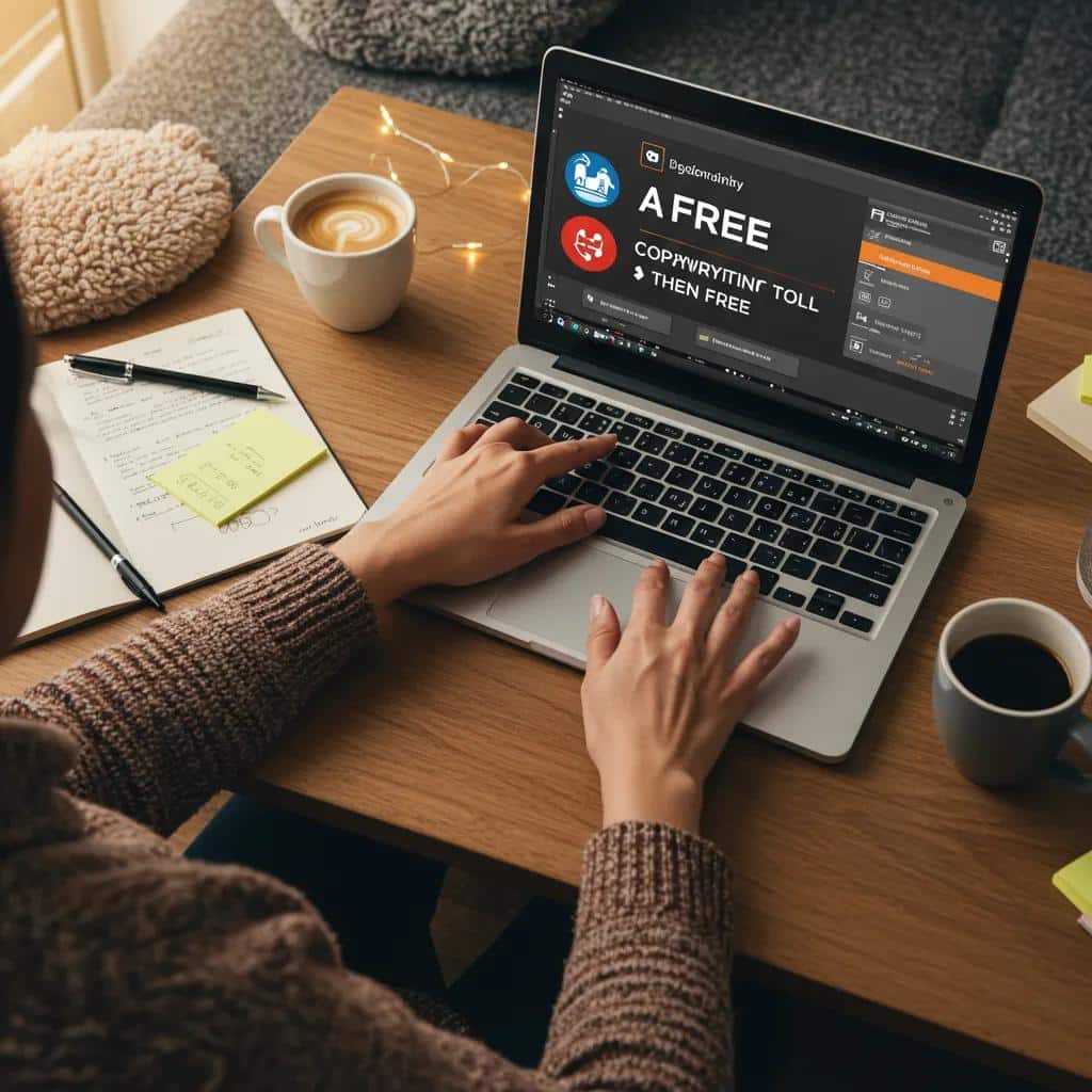 Small business owner exploring free AI ad copywriting tools in a cozy workspace