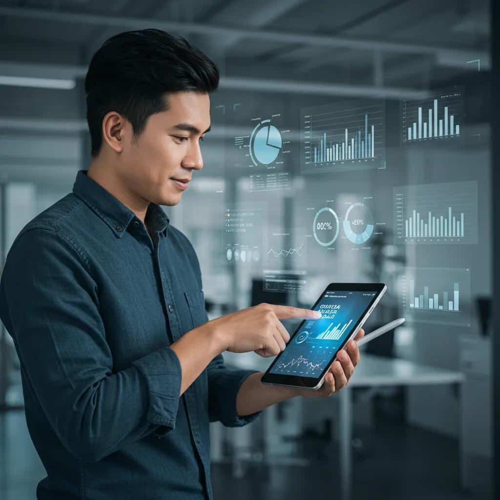 A small business owner using a tablet with a Glide AI data app, set in a modern office with data visualizations