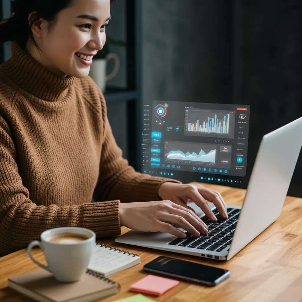 Small business owner using free AI social media monitoring tools in a cozy workspace