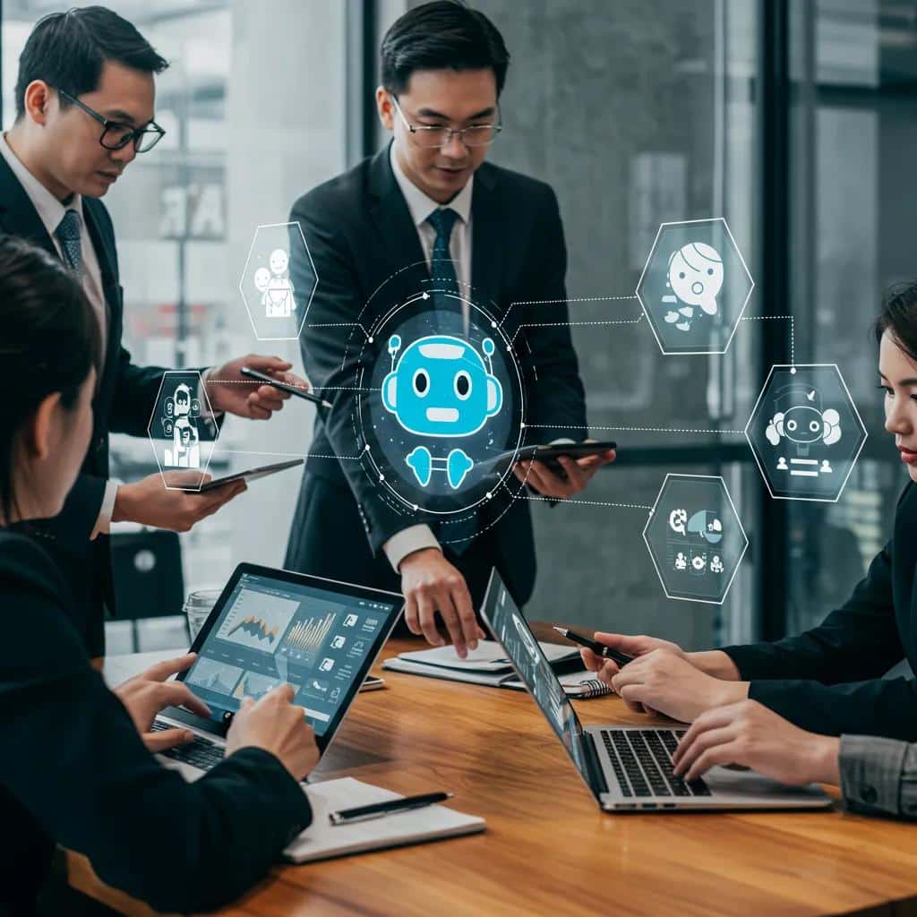 A team collaborating on the implementation and optimization of AI chatbots in a business setting
