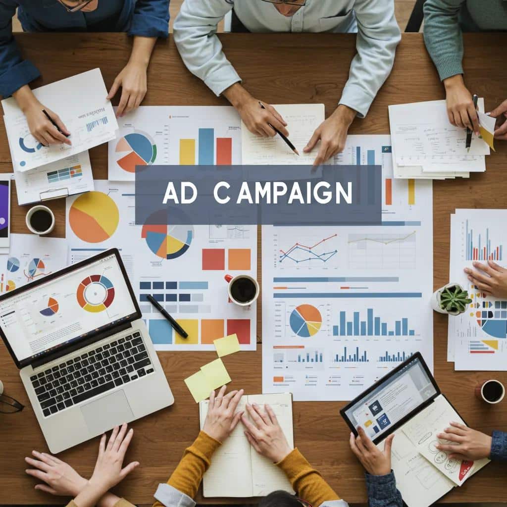 Team collaborating on ad campaign strategies with creative assets