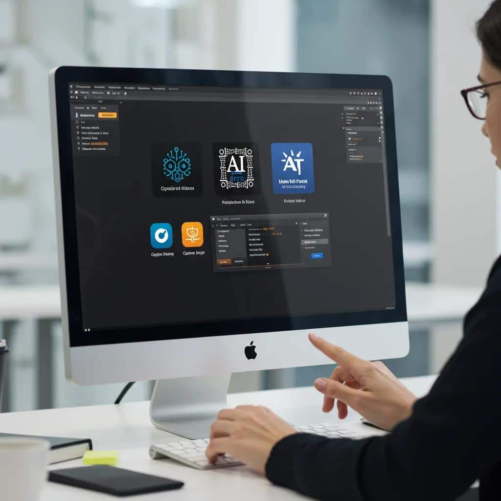 A user actively engaging with a computer screen showcasing popular free AI meta description tools within a brightly lit office environment