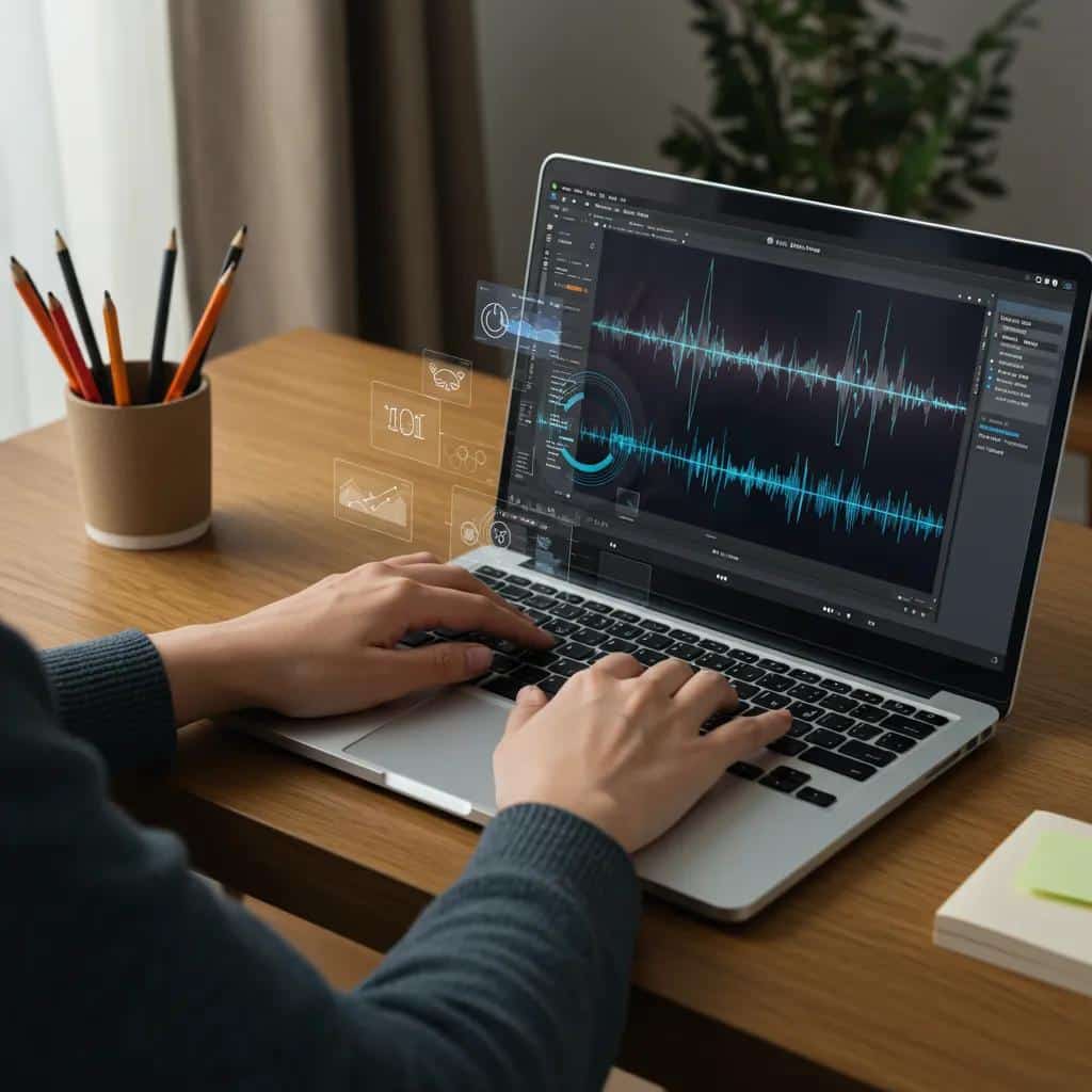User interacting with voice cloning application on a laptop in a cozy home office