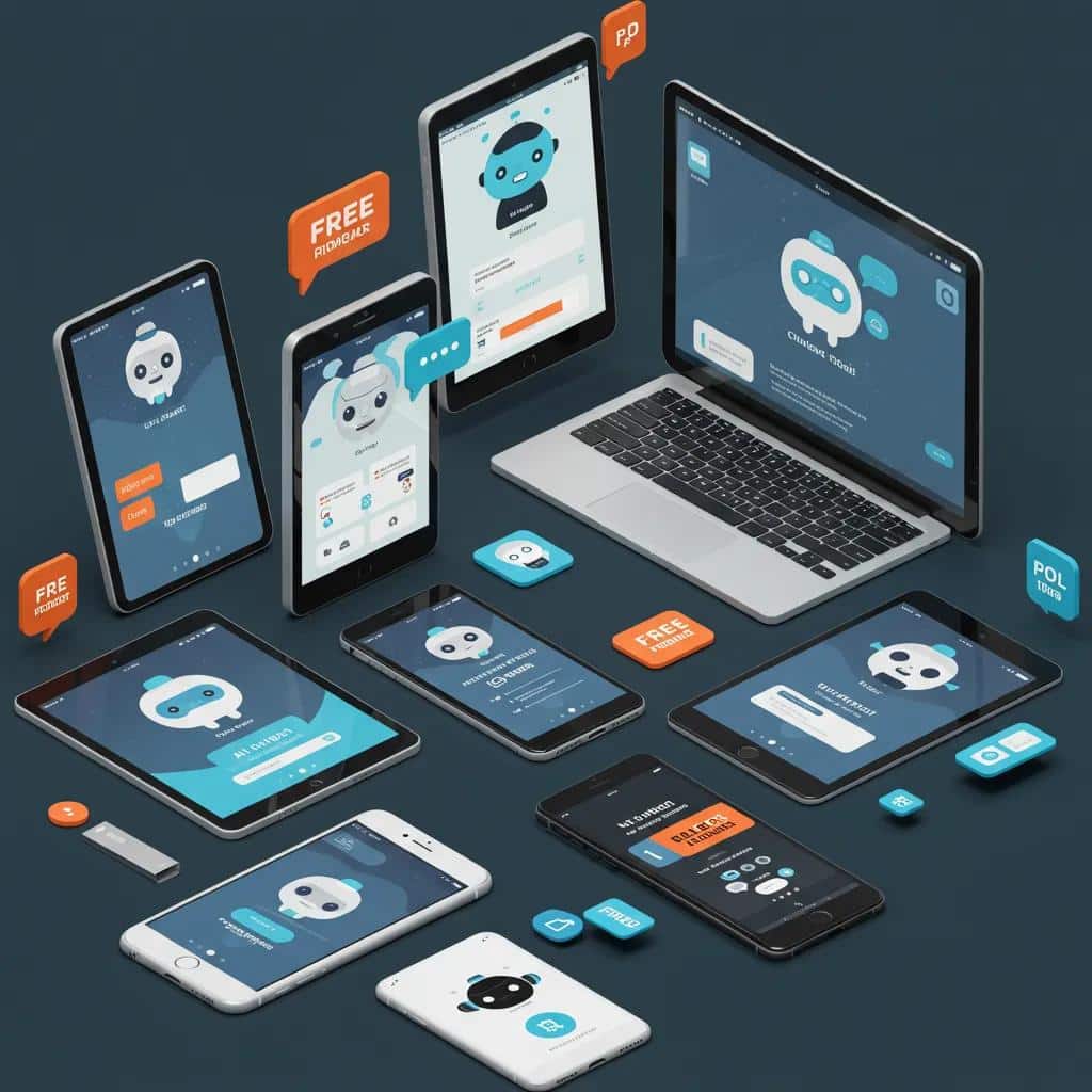 Variety of free and paid AI chatbot tools displayed on multiple devices