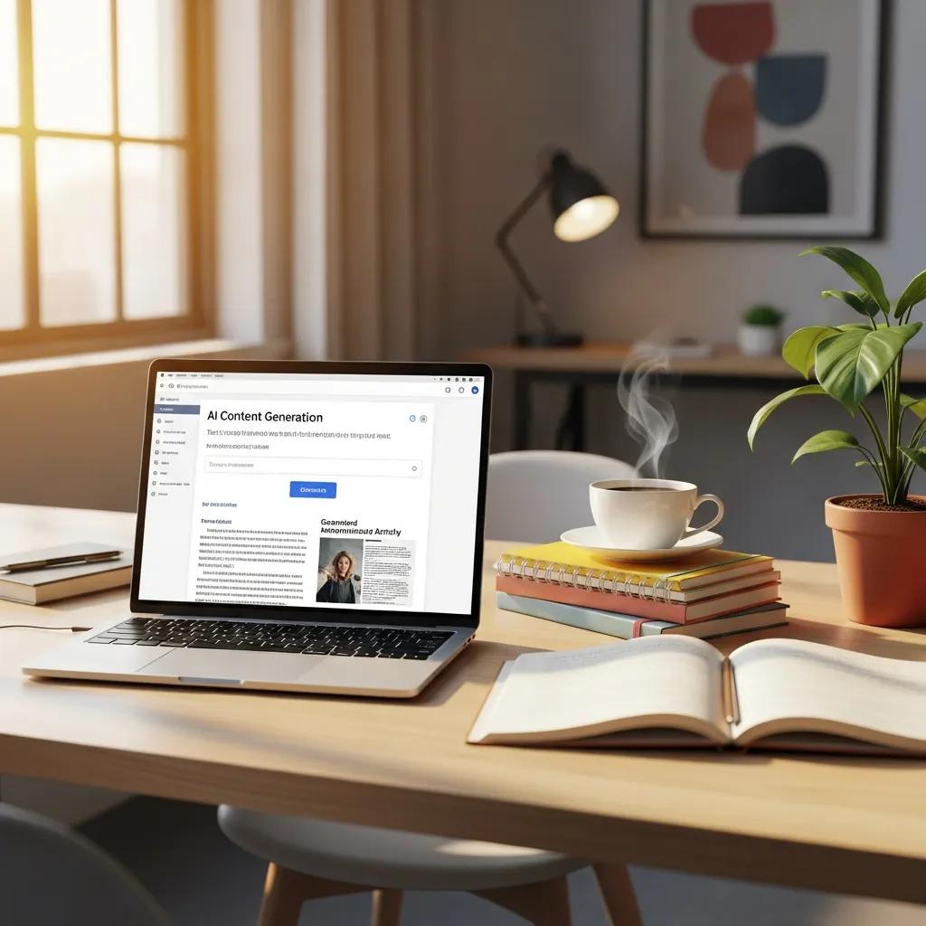 A modern workspace with a laptop, notebooks, and coffee, illustrating AI content generation