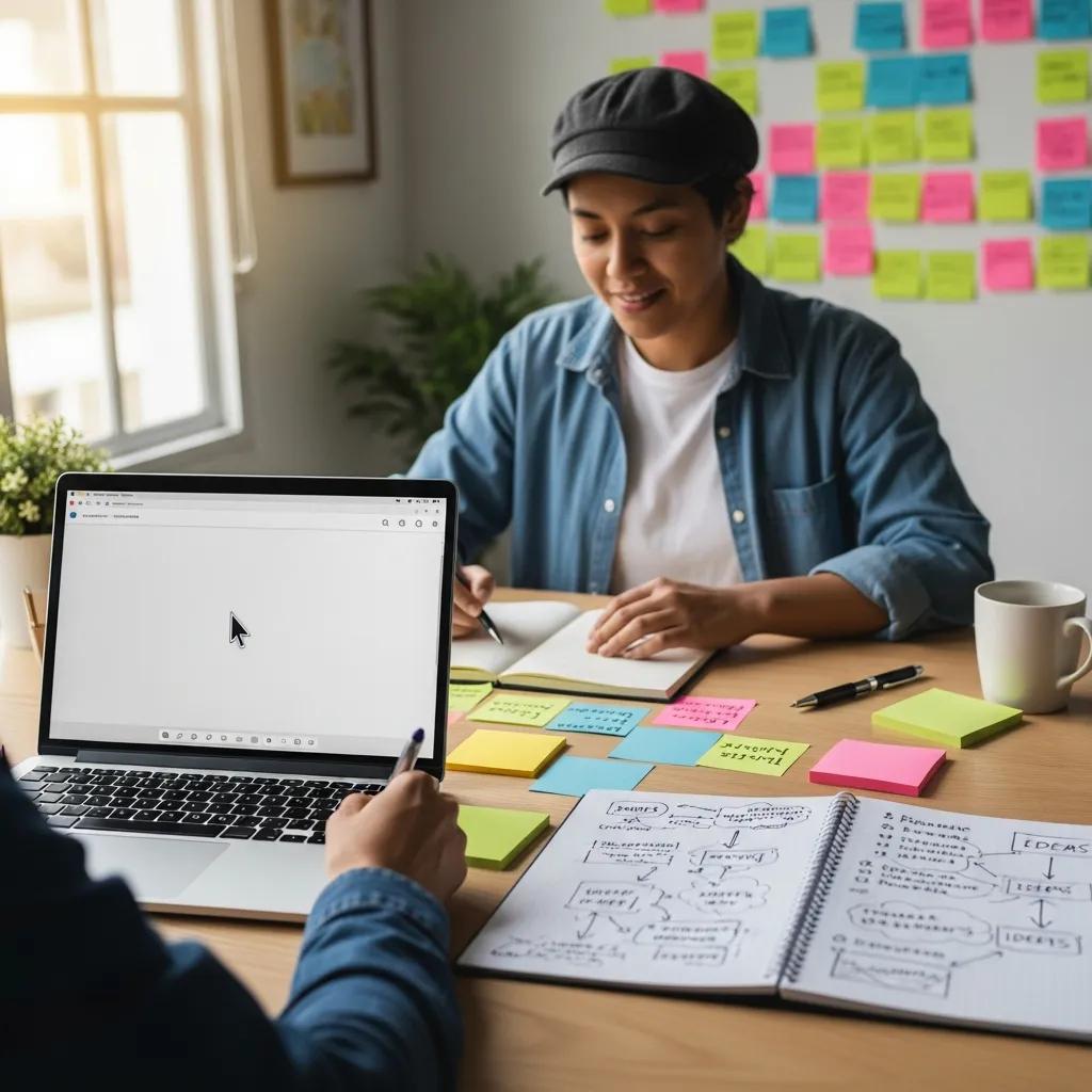 A person brainstorming at a desk with a laptop, showcasing tools for blog ideation