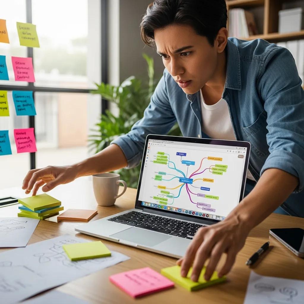A person brainstorming ideas with sticky notes and a laptop, illustrating the idea generation process