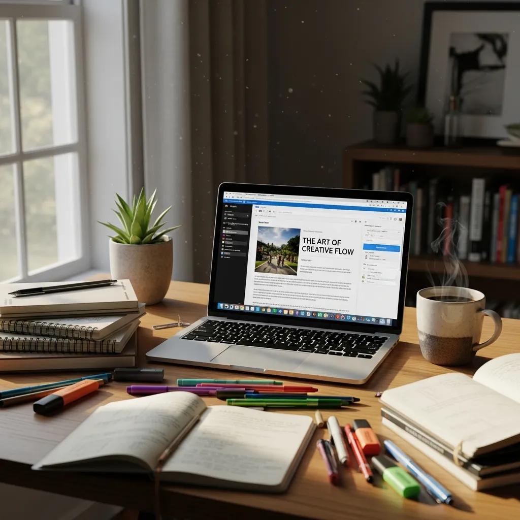 A productive workspace with a laptop, notepads, and coffee, symbolizing efficient blog creation