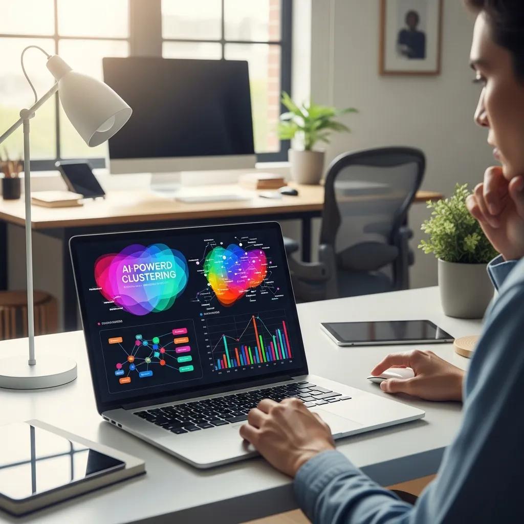 AI-powered keyword clustering in a modern workspace with a laptop displaying keyword data analysis