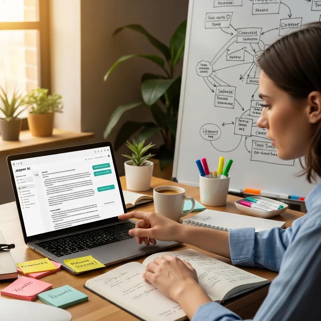 Beginner writer brainstorming content ideas with Jasper AI in a creative workspace