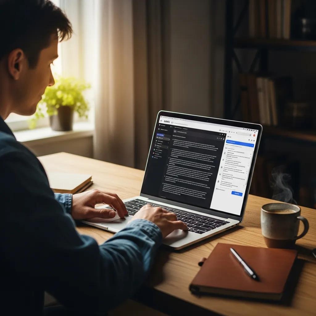 Beginner writer using Jasper AI in a cozy workspace with a laptop, notepad, and coffee