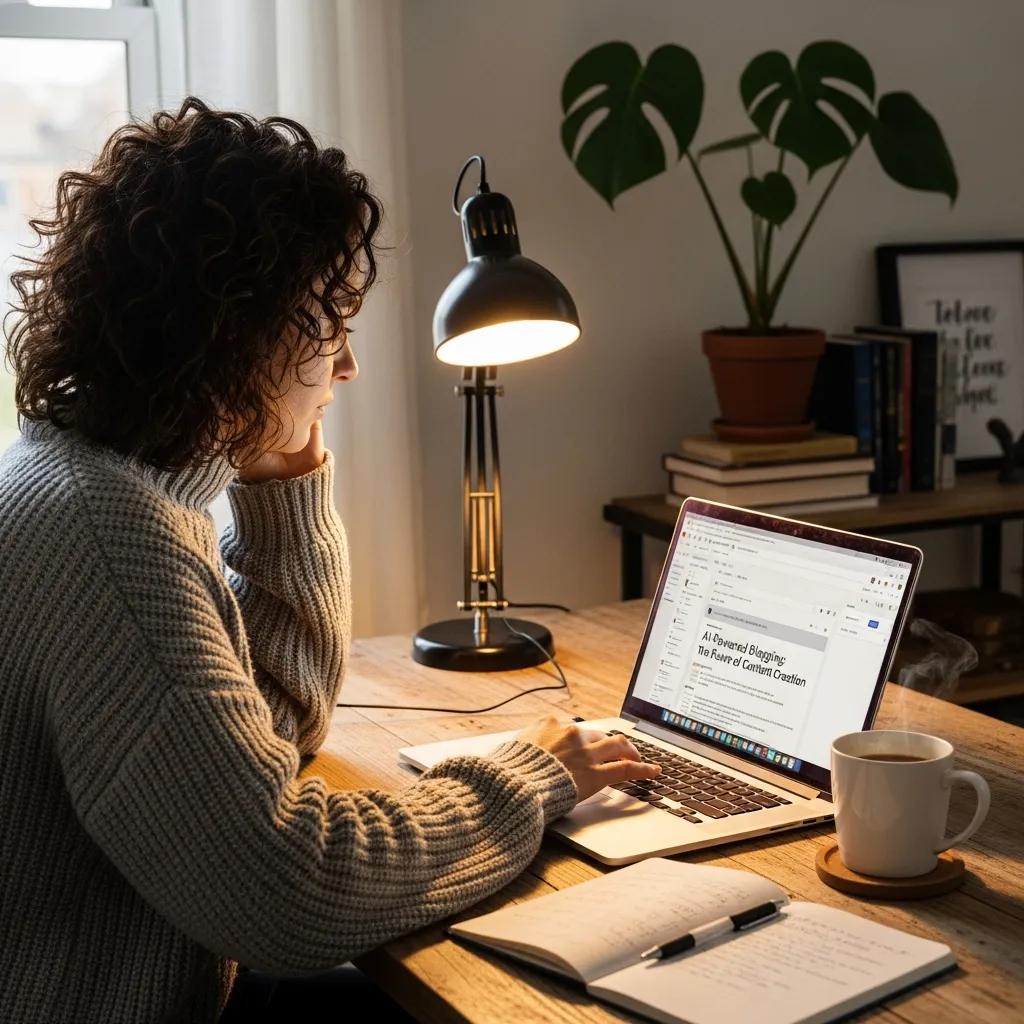 Blogger working on a laptop in a cozy workspace with coffee and notepad