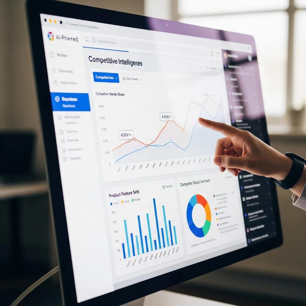 Close-up of a computer screen displaying AI-powered software features for competitive intelligence