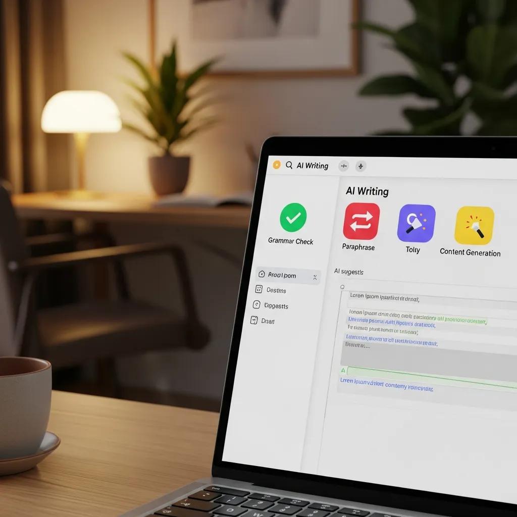 Close-up of an AI writing software interface showcasing various features in a cozy home office