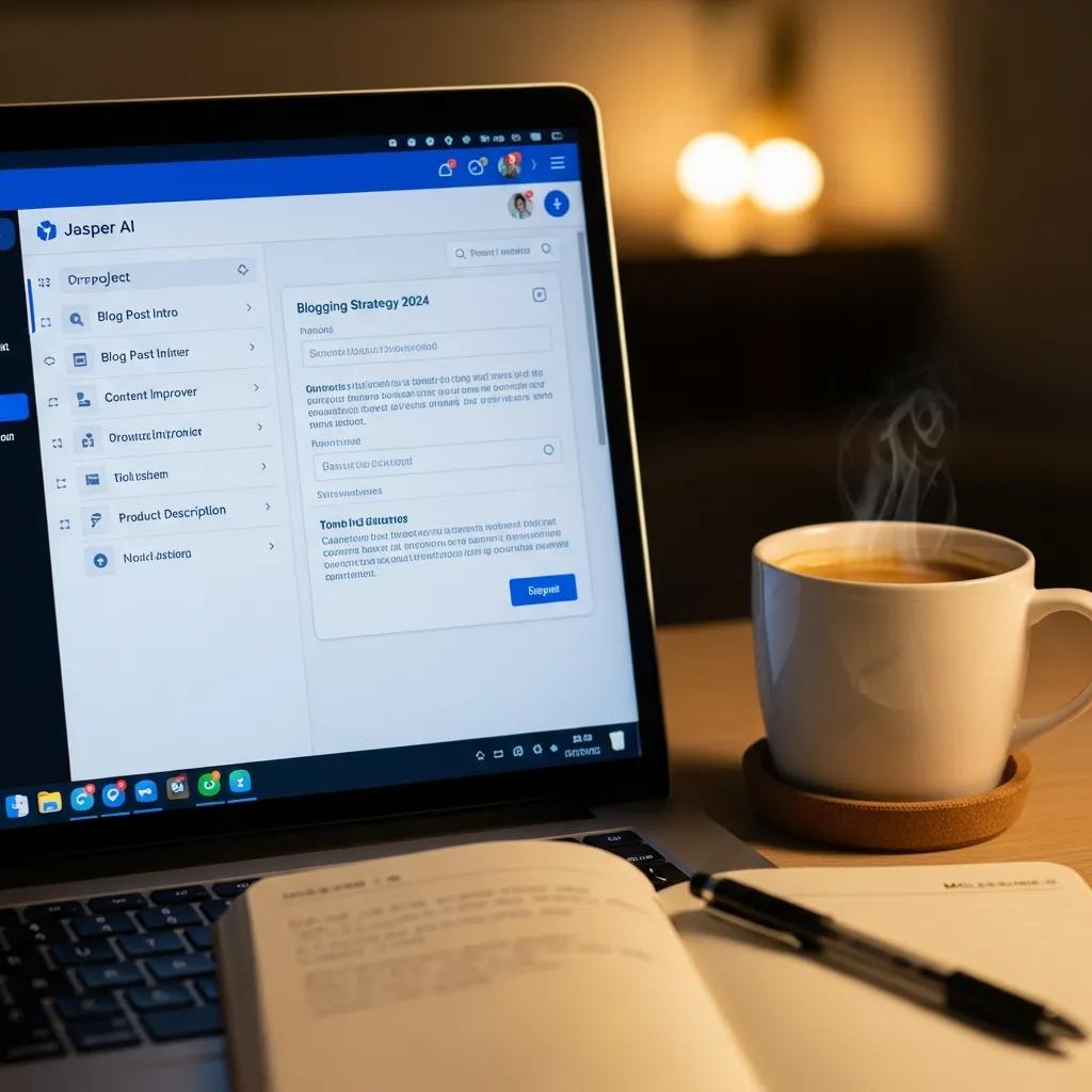 Close-up of Jasper AI dashboard showcasing templates and project settings for effective blogging