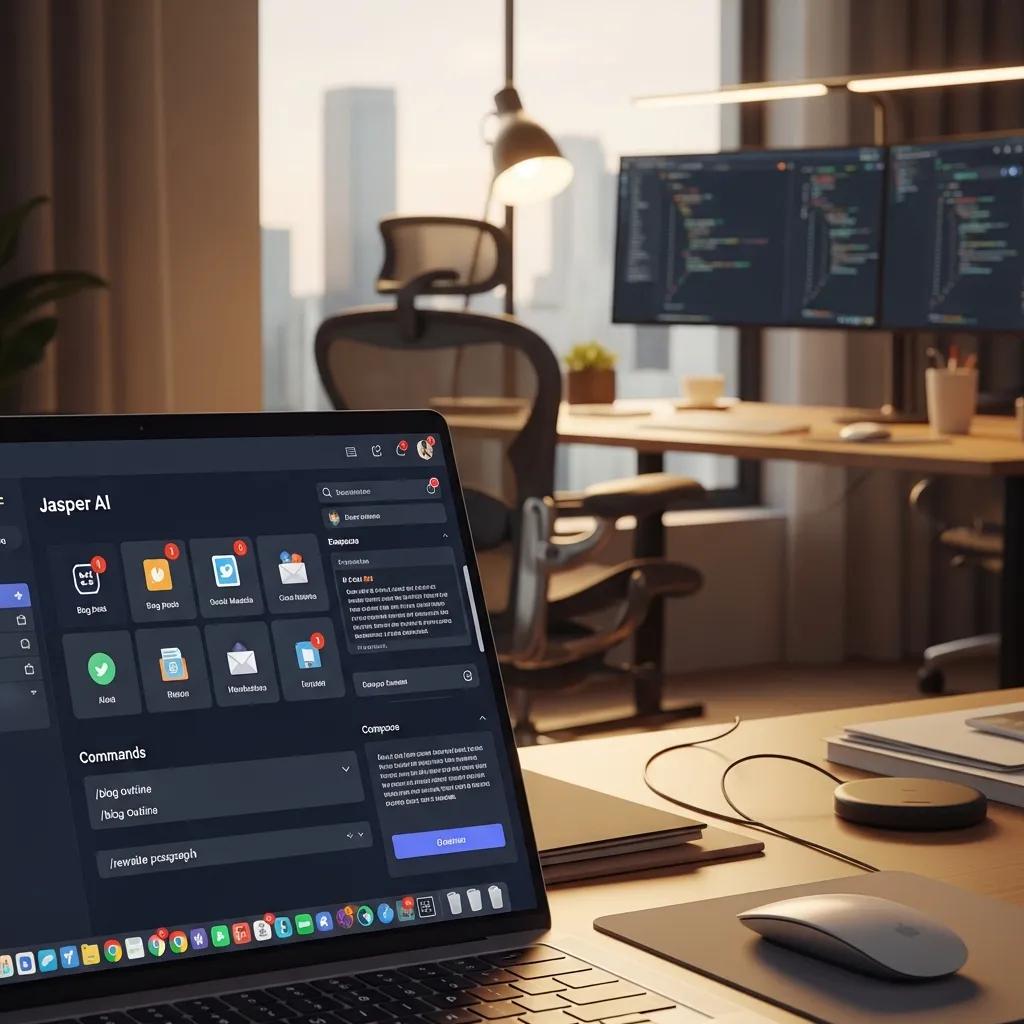 Close-up of Jasper AI features on a laptop screen in a modern office