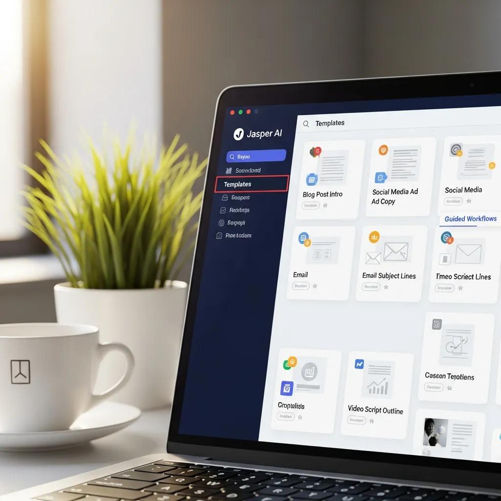 Close-up of Jasper AI user-friendly interface on a laptop screen in a modern workspace
