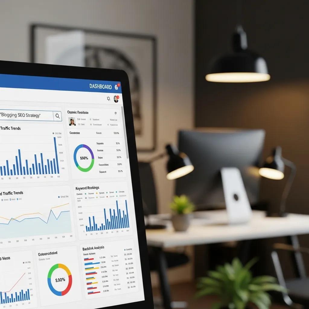 Computer screen displaying SEO dashboard with keyword analytics