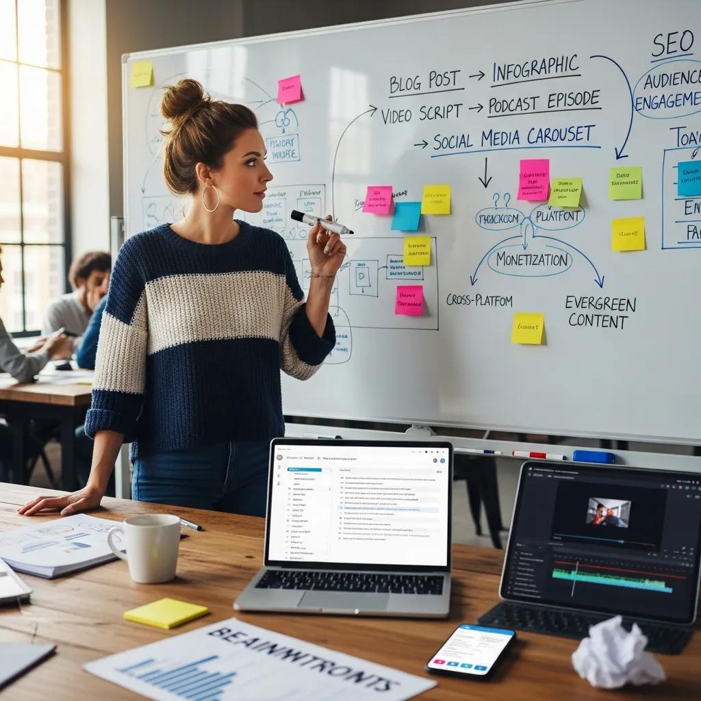 Content creator brainstorming ideas on a whiteboard with digital devices