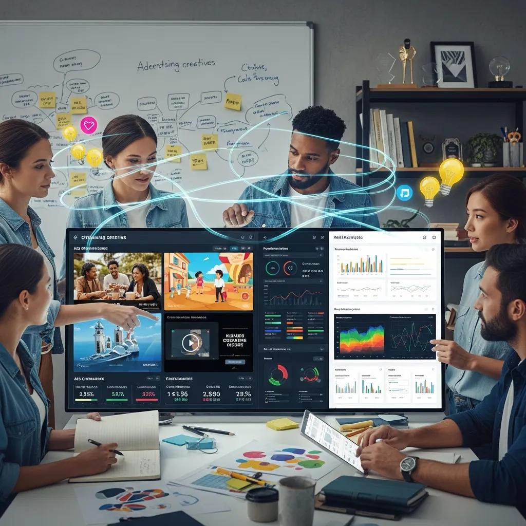 Creative team collaborating on dynamic ad optimization strategies in advertising