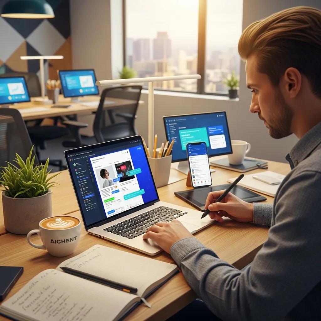 Digital marketer using AI writing tools in a modern office setting