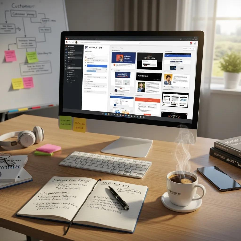 Digital marketing scene with email templates, highlighting Jasper AI's role in email marketing