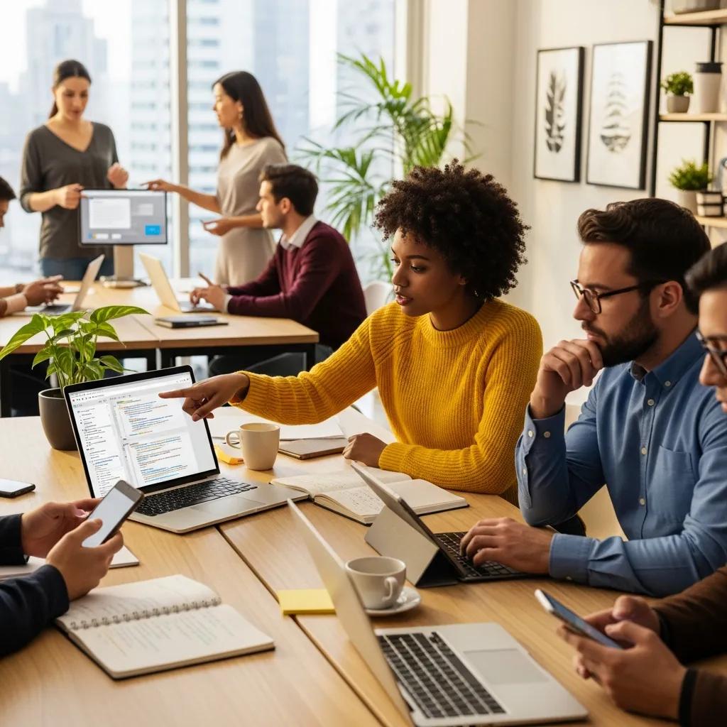 Diverse group of people collaborating with AI tools for copywriting in a modern workspace