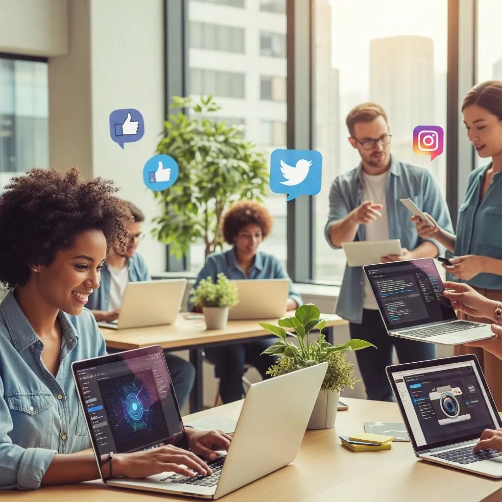 Diverse group of people collaborating with AI tools in a modern workspace, emphasizing social media content creation