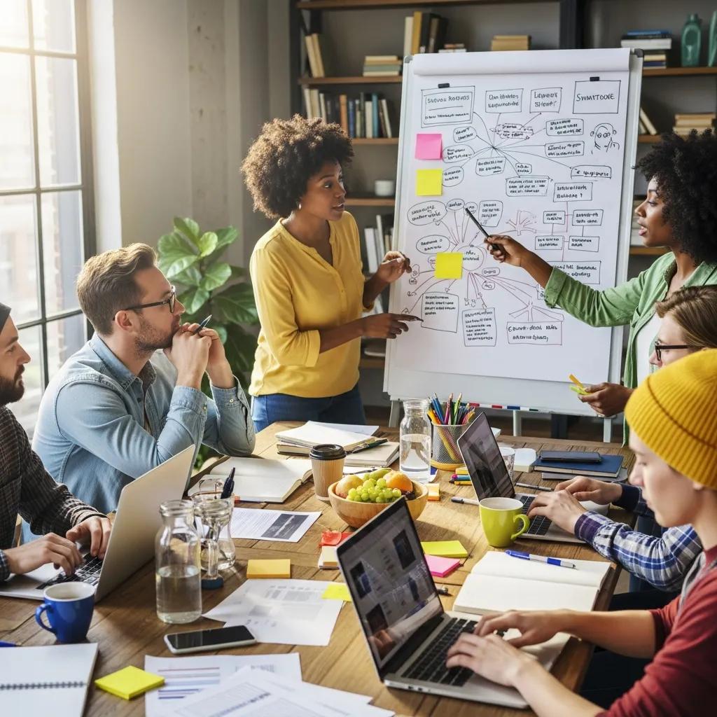 Diverse group of writers brainstorming strategies to overcome writer's block in a collaborative setting