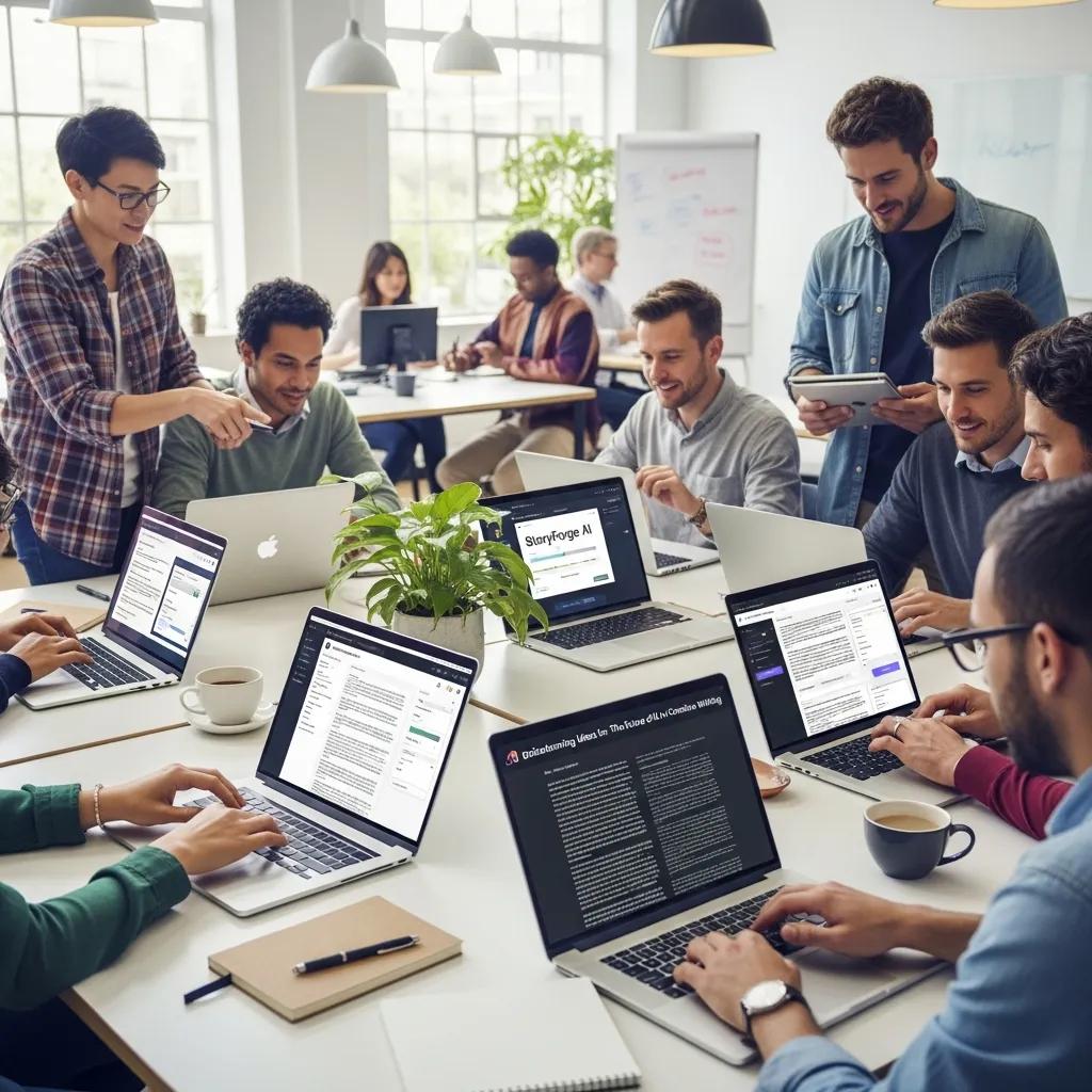 Diverse individuals collaborating with AI writing tools in a modern workspace