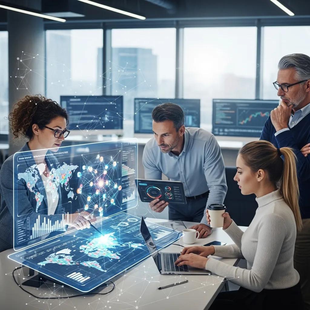 Diverse professionals collaborating on machine learning strategies in digital advertising