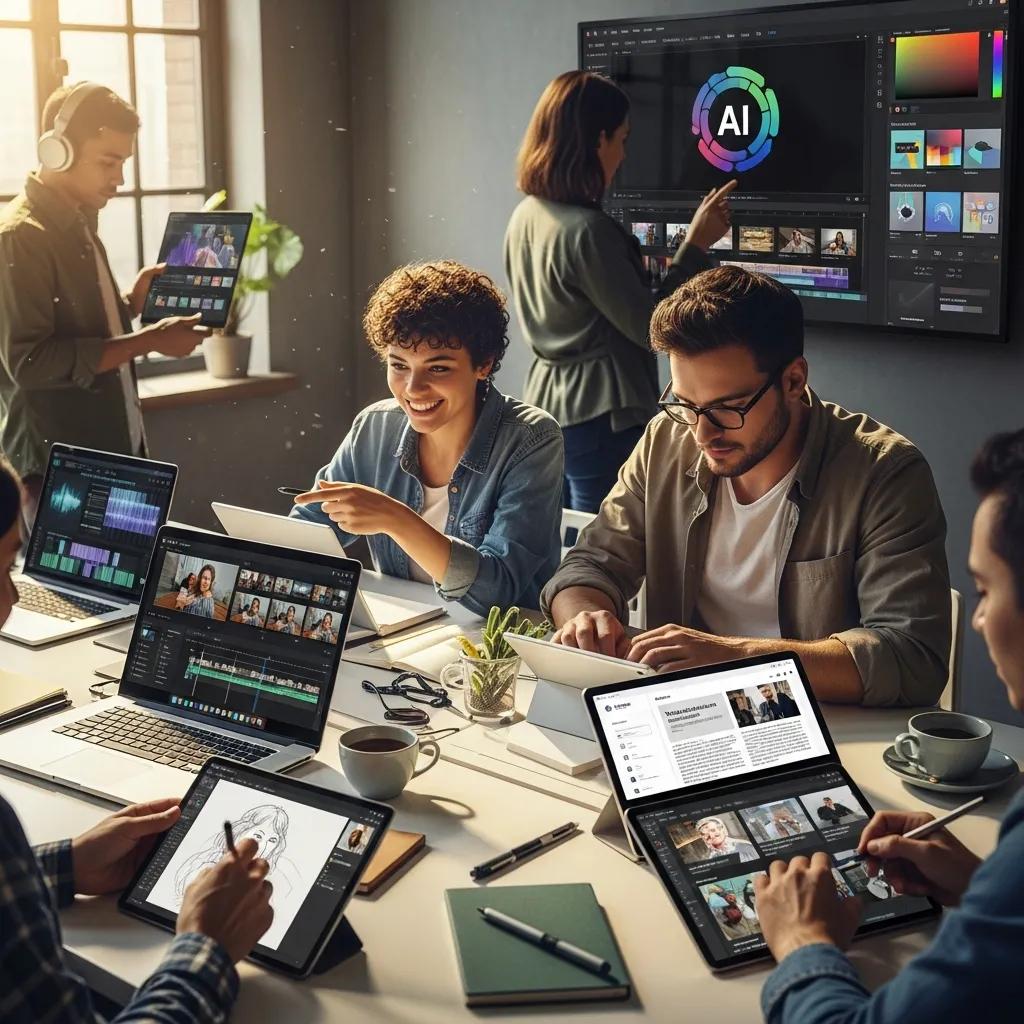 Diverse team collaborating on AI content creation tools in a modern workspace