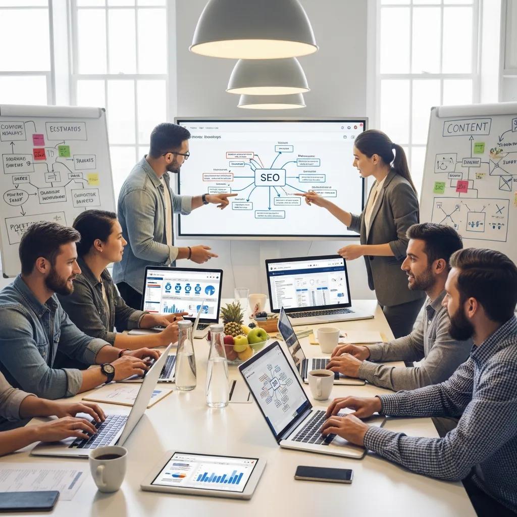 Group of diverse individuals collaborating on SEO content creation, representing the best free AI blog writers