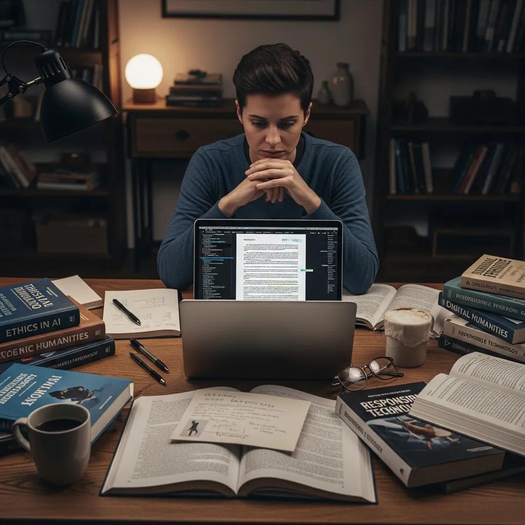 Individual reviewing ethical considerations in AI writing tools, highlighting the importance of responsible content creation