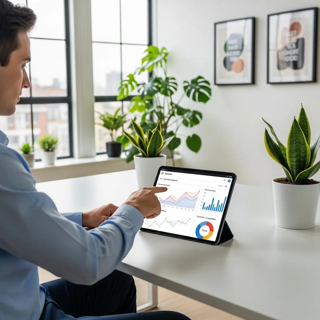 Marketer analyzing email campaign metrics with a tablet in a modern office