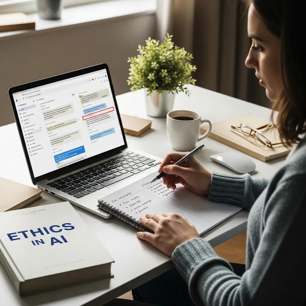 Marketer reviewing content with ethical considerations in a cozy office environment