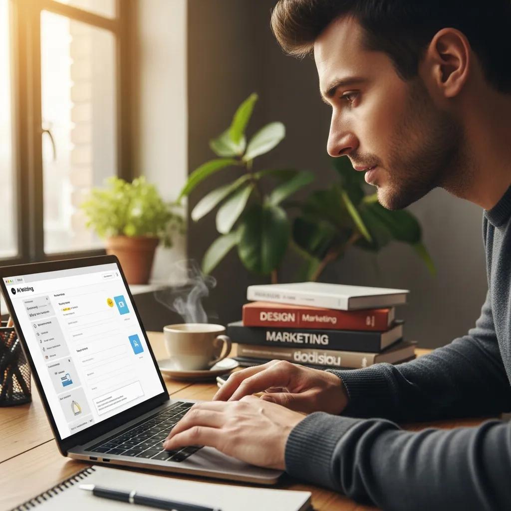 Marketer using AI writing tools in a cozy workspace