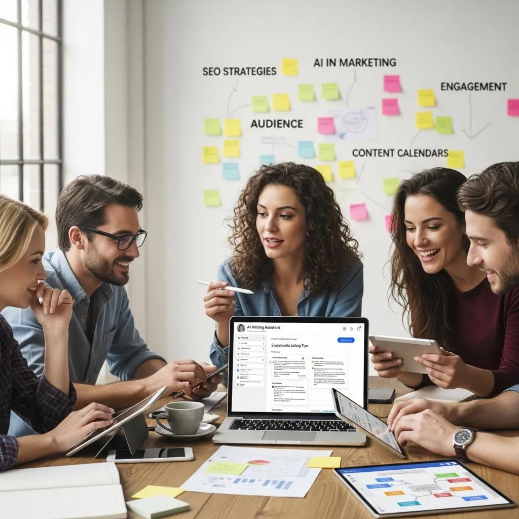 Marketers collaborating on blog content using AI tools, showcasing creativity and teamwork