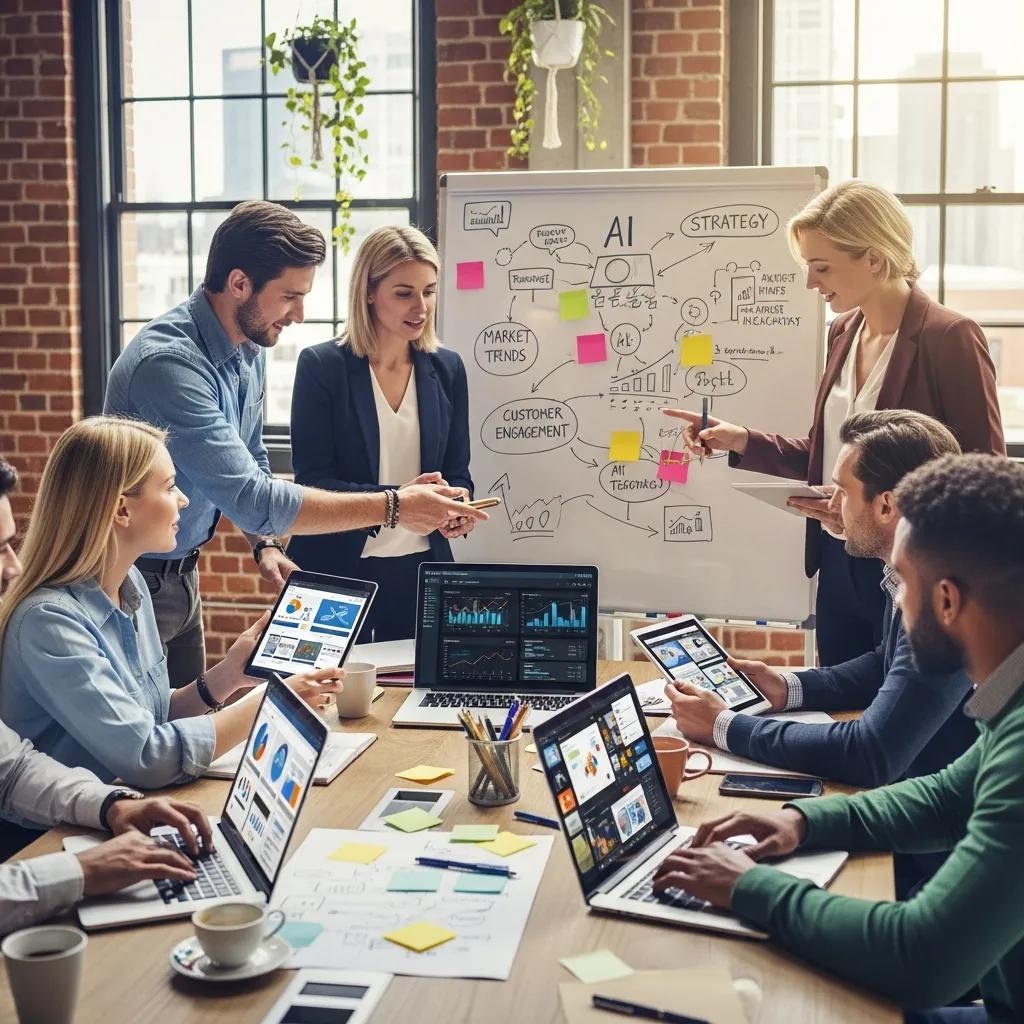 Marketers collaborating with AI tools in a modern office setting