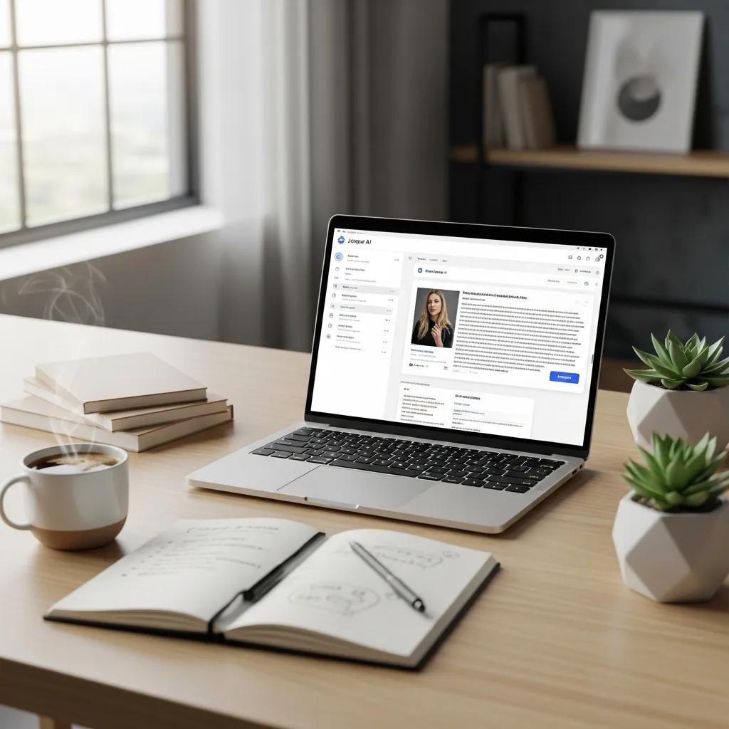 Modern workspace with a laptop showcasing Jasper AI, symbolizing efficient content creation