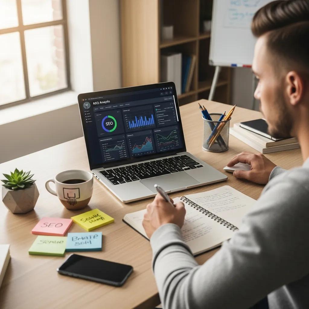 Modern workspace with AI tools for SEO analysis, featuring a laptop and a person analyzing data