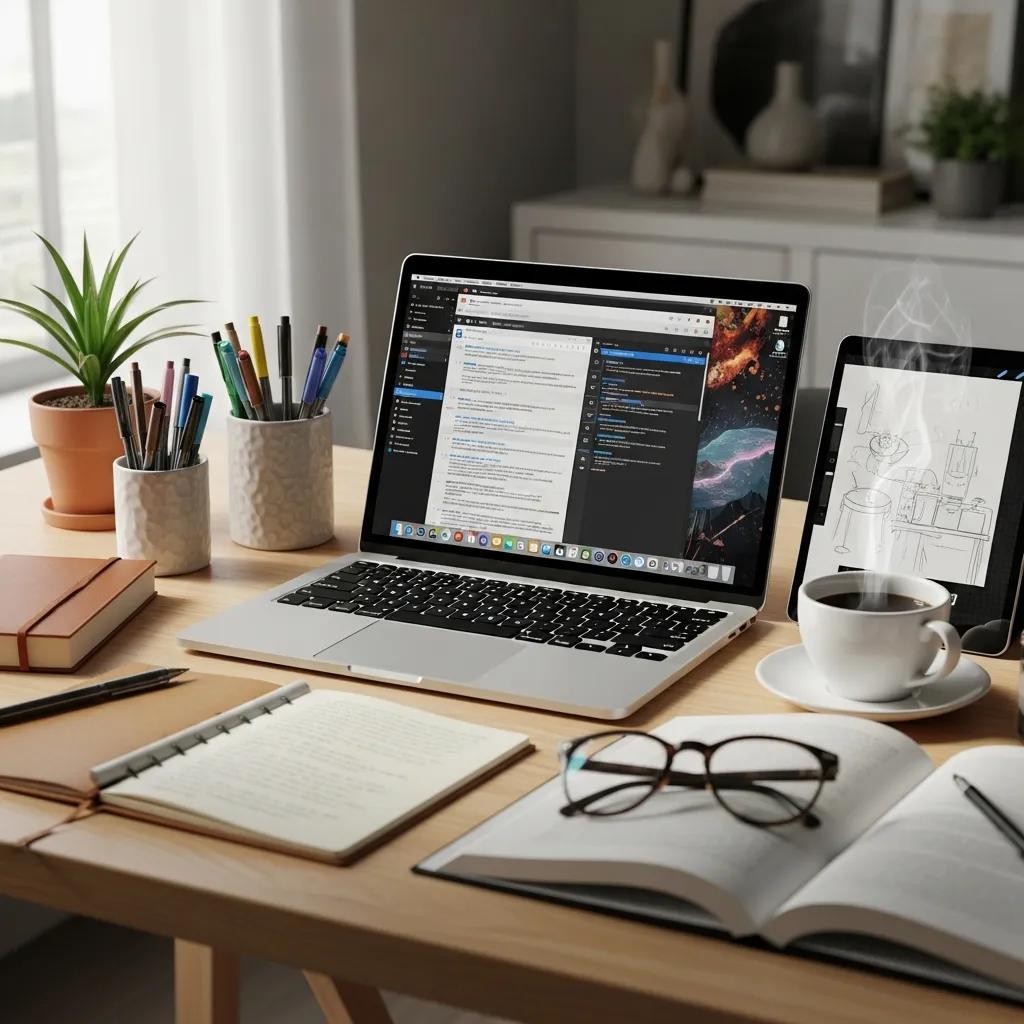 Modern workspace with laptop and creative tools representing AI copywriting software
