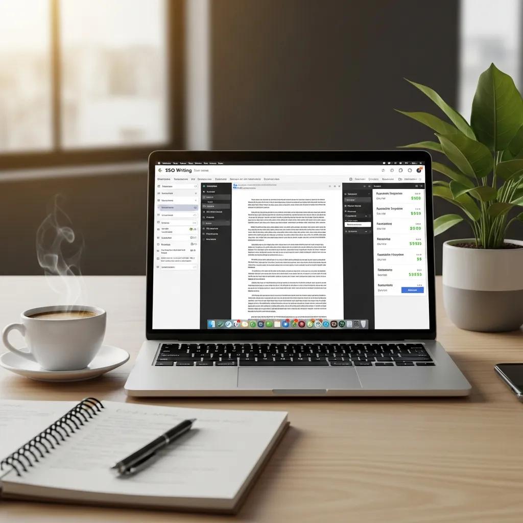 Modern workspace with laptop and SEO writing tools, enhancing productivity and creativity