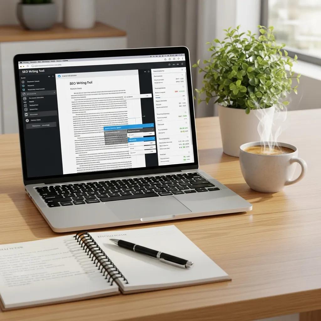 Modern workspace with laptop, notepad, and coffee, illustrating the concept of free AI assistants for SEO writing