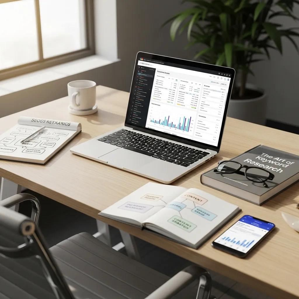 Modern workspace with laptop showing SEO analytics and research tools