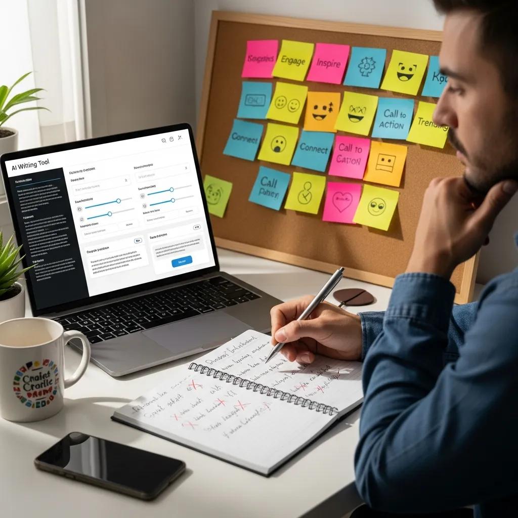 Person brainstorming engaging social media captions with AI tools, surrounded by colorful notes and a laptop
